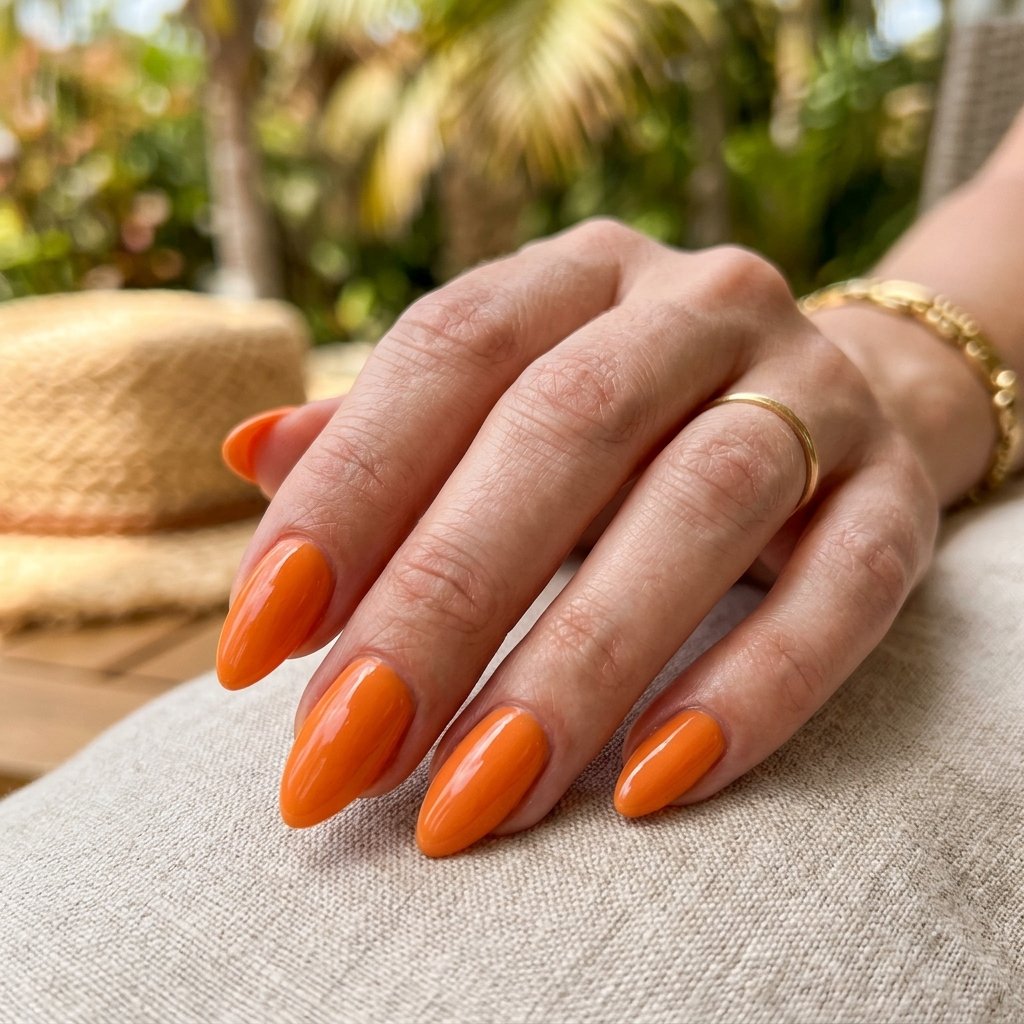 Warm Papaya Orange Glazed Almond Nails