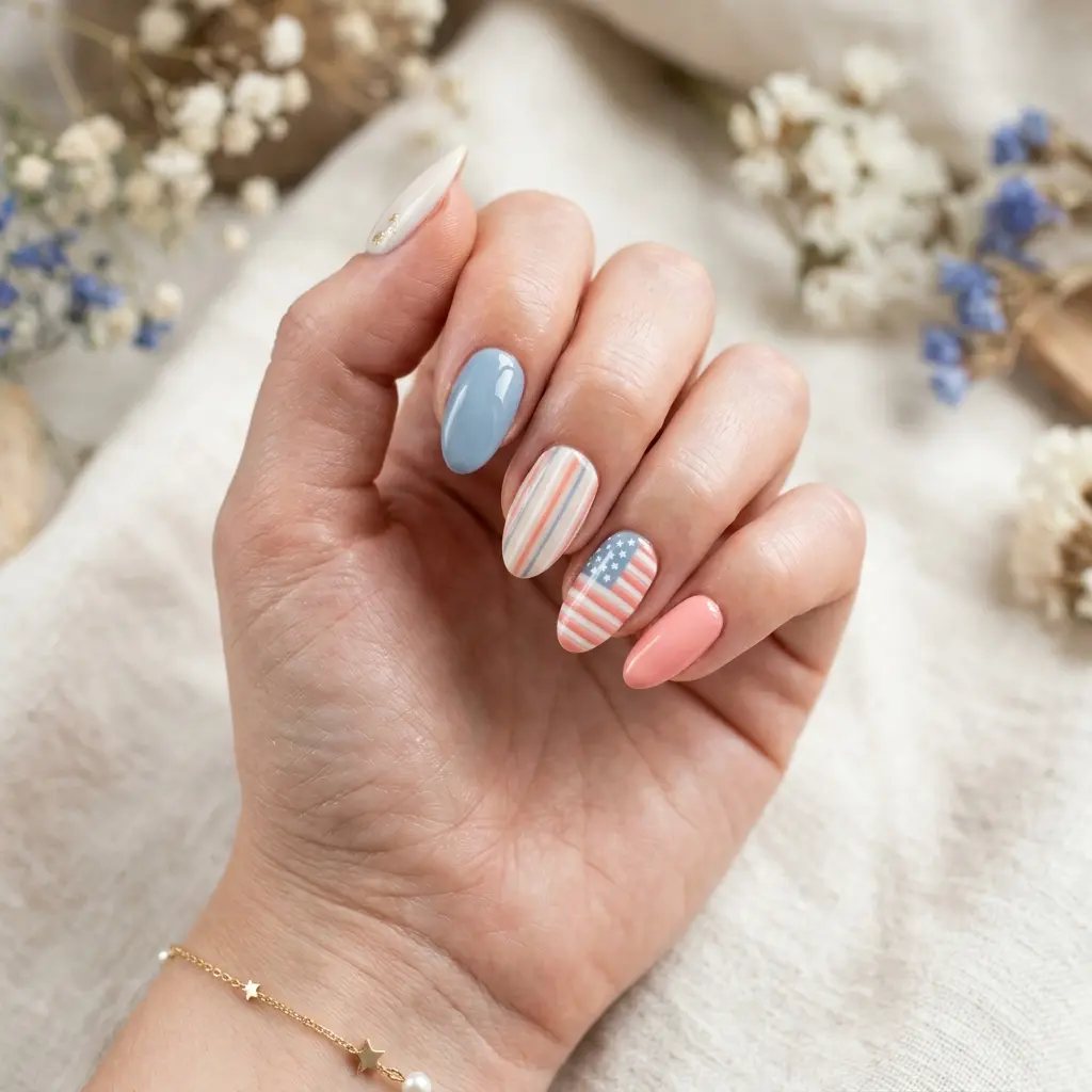 Pastel Patriotic Nails in Soft Red White and Blue