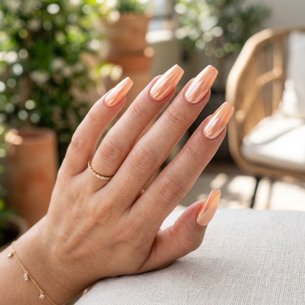 Glazed Peach Chrome Coffin Nails