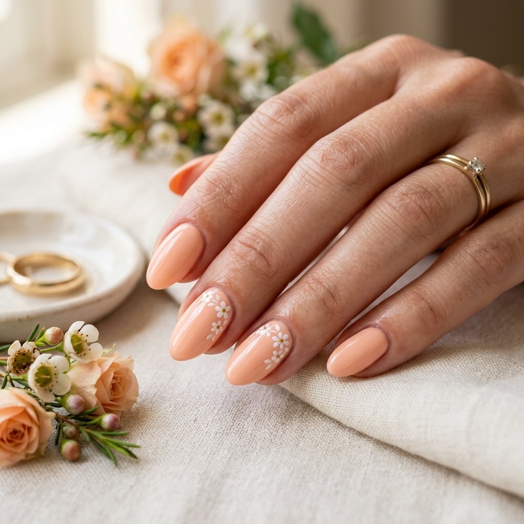 Peach Nails with Tiny White Florals