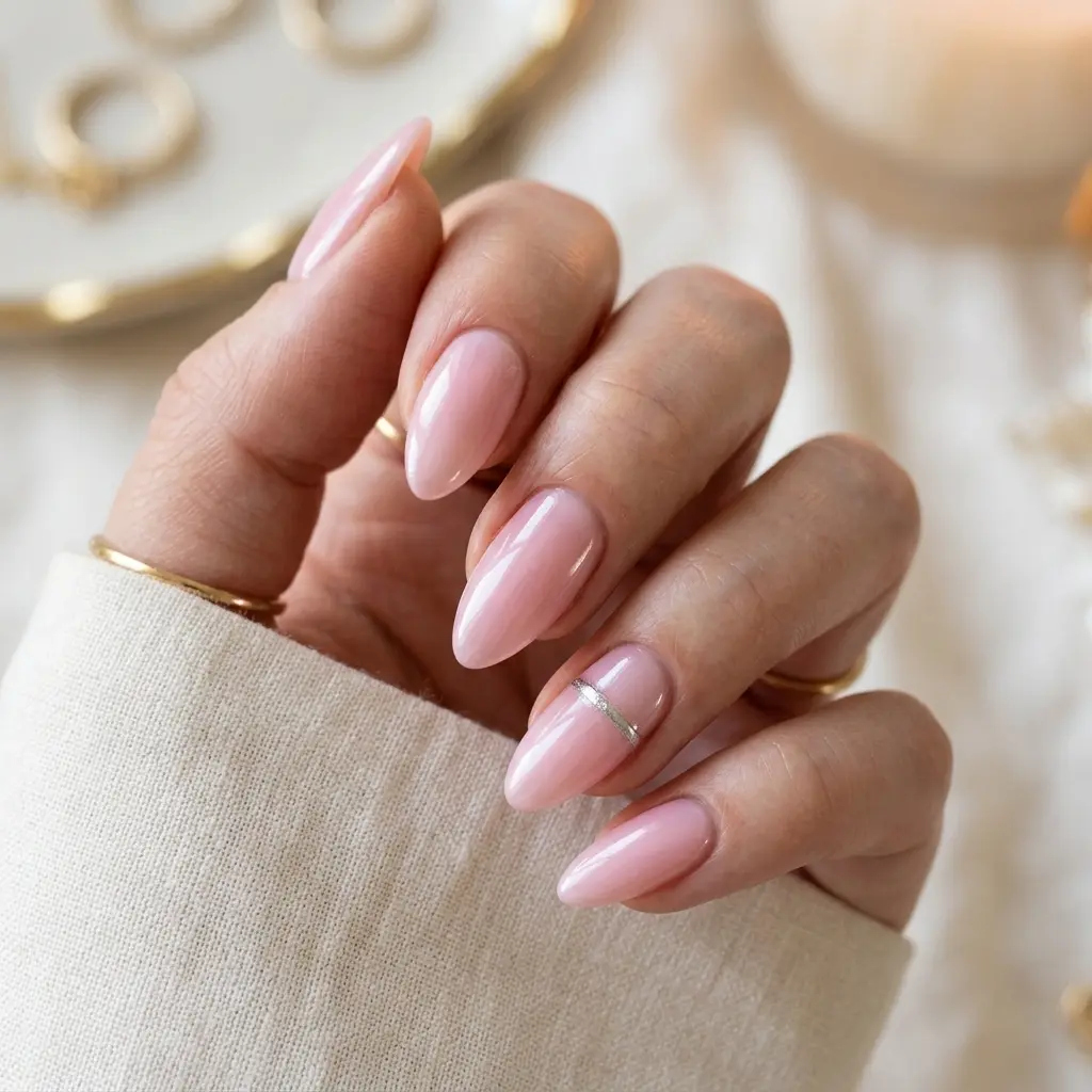 Silver Bangle on Soft Pink Glazed Almond Nails