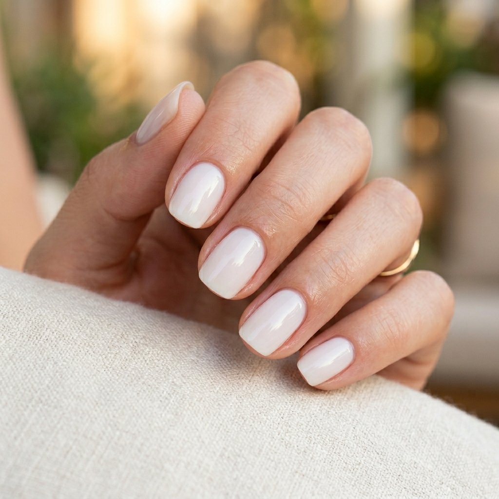 Milky White Glazed Short Almond Nails