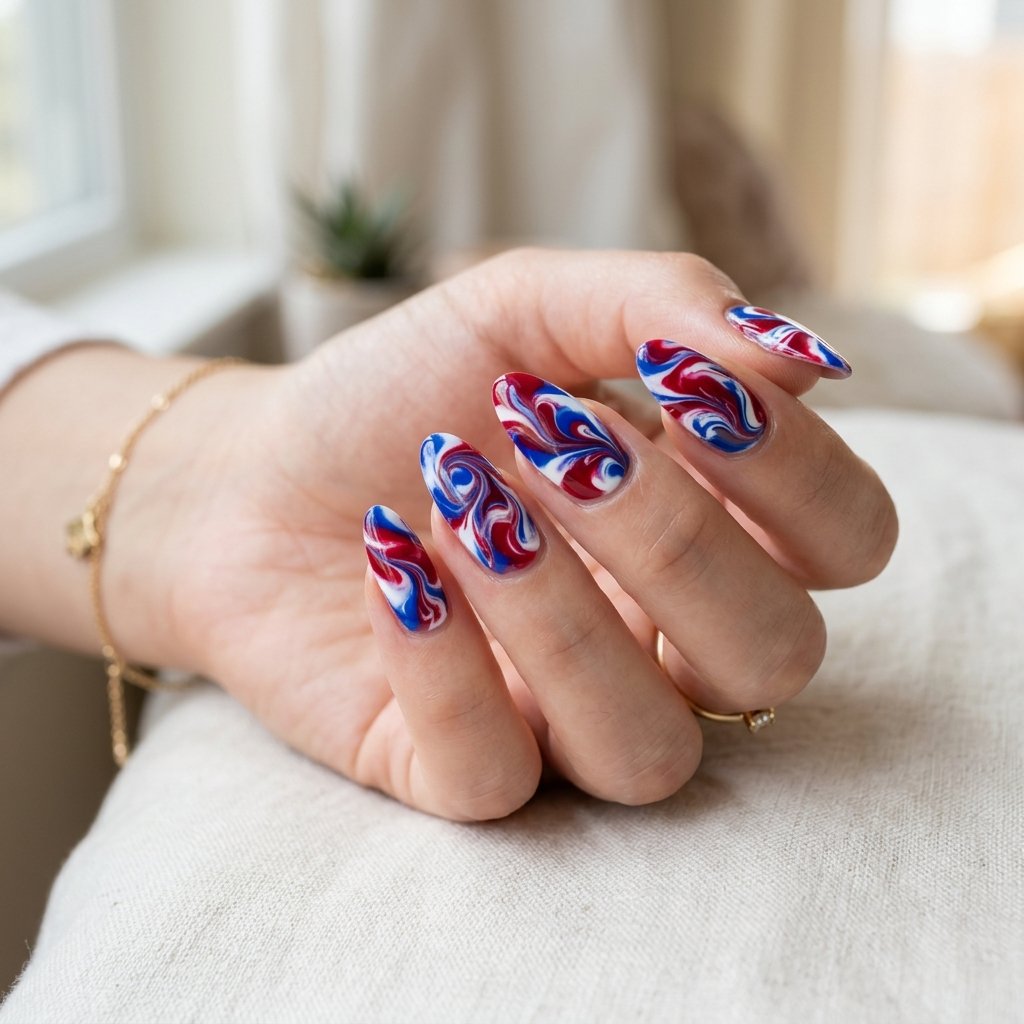 Red White and Blue Marble Effect Nails