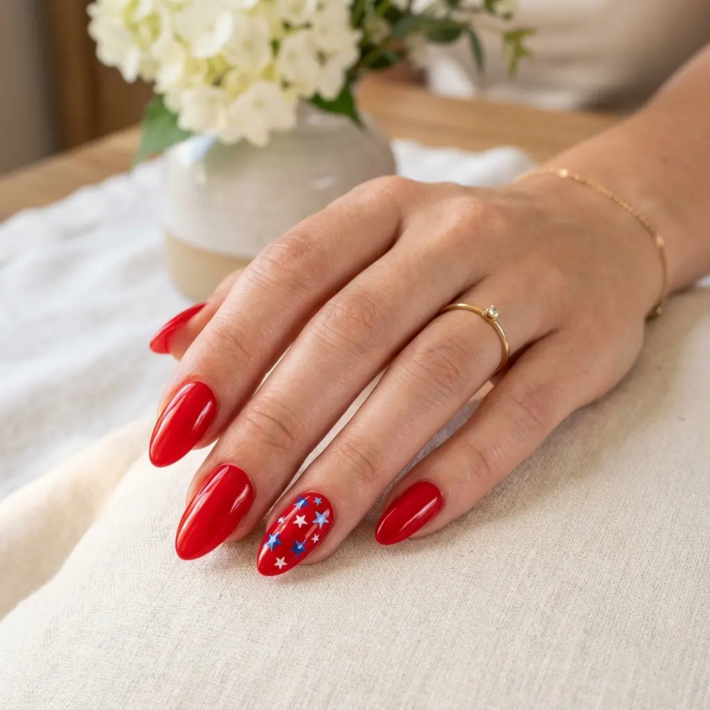 Glossy Red Almond Nails with Blue and White Star Accents