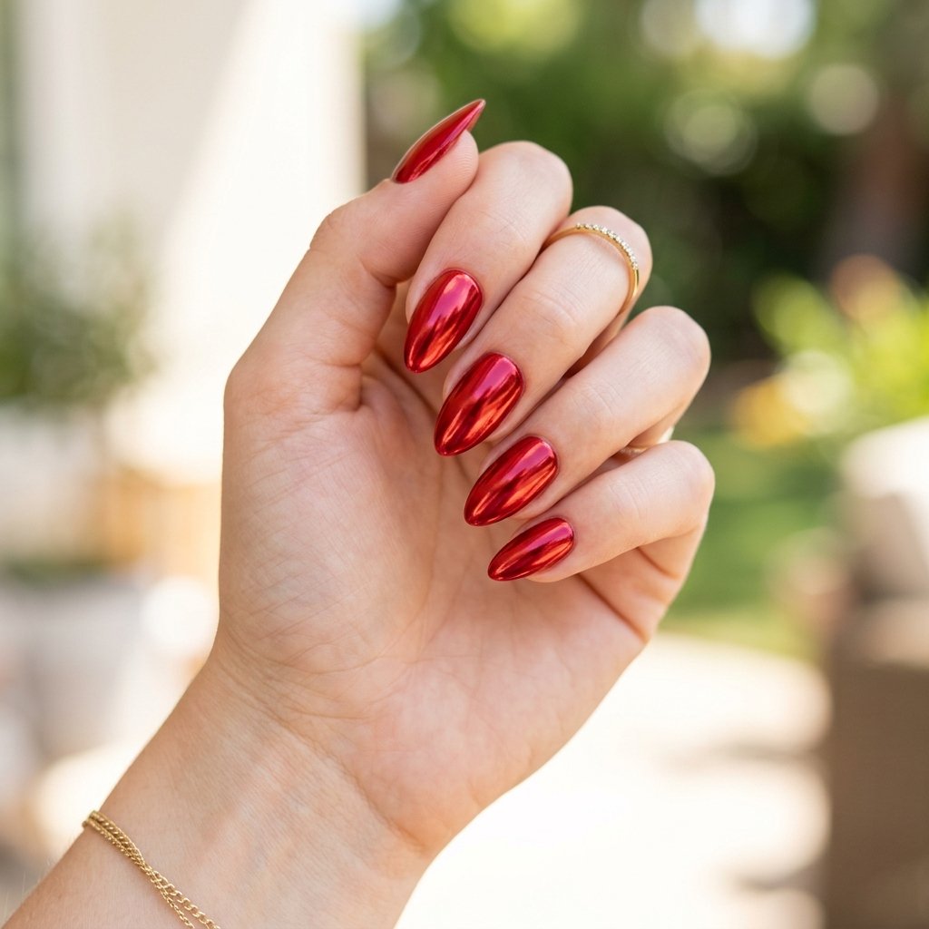 Red Chrome Almond Nails