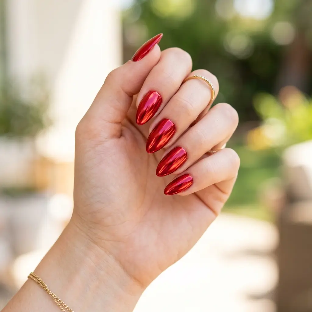 Red Chrome Almond Nails