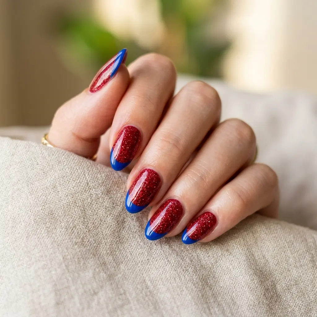Red Glitter Nails with Blue Tip