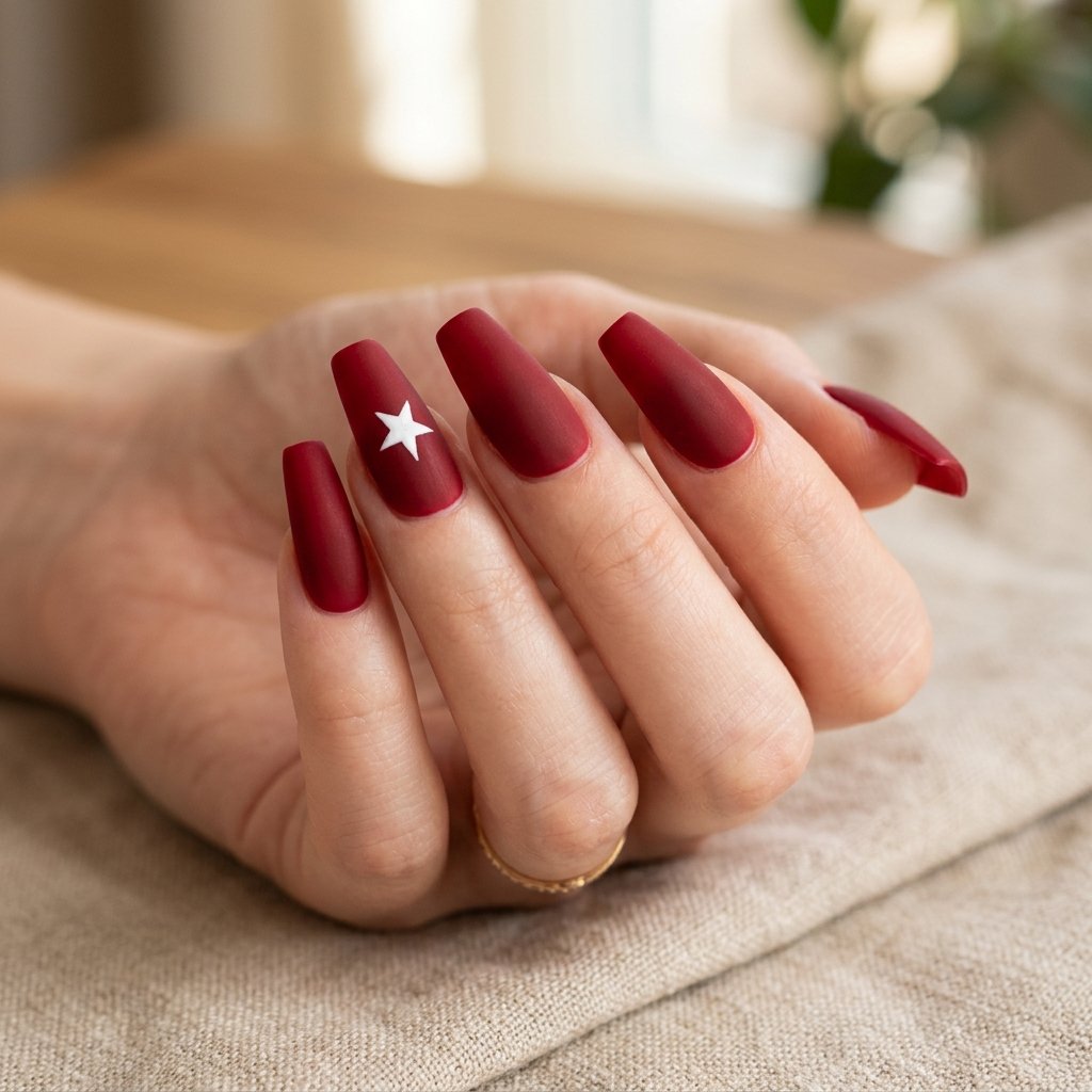 Deep Red Matte Coffin Nails with White Star Detail