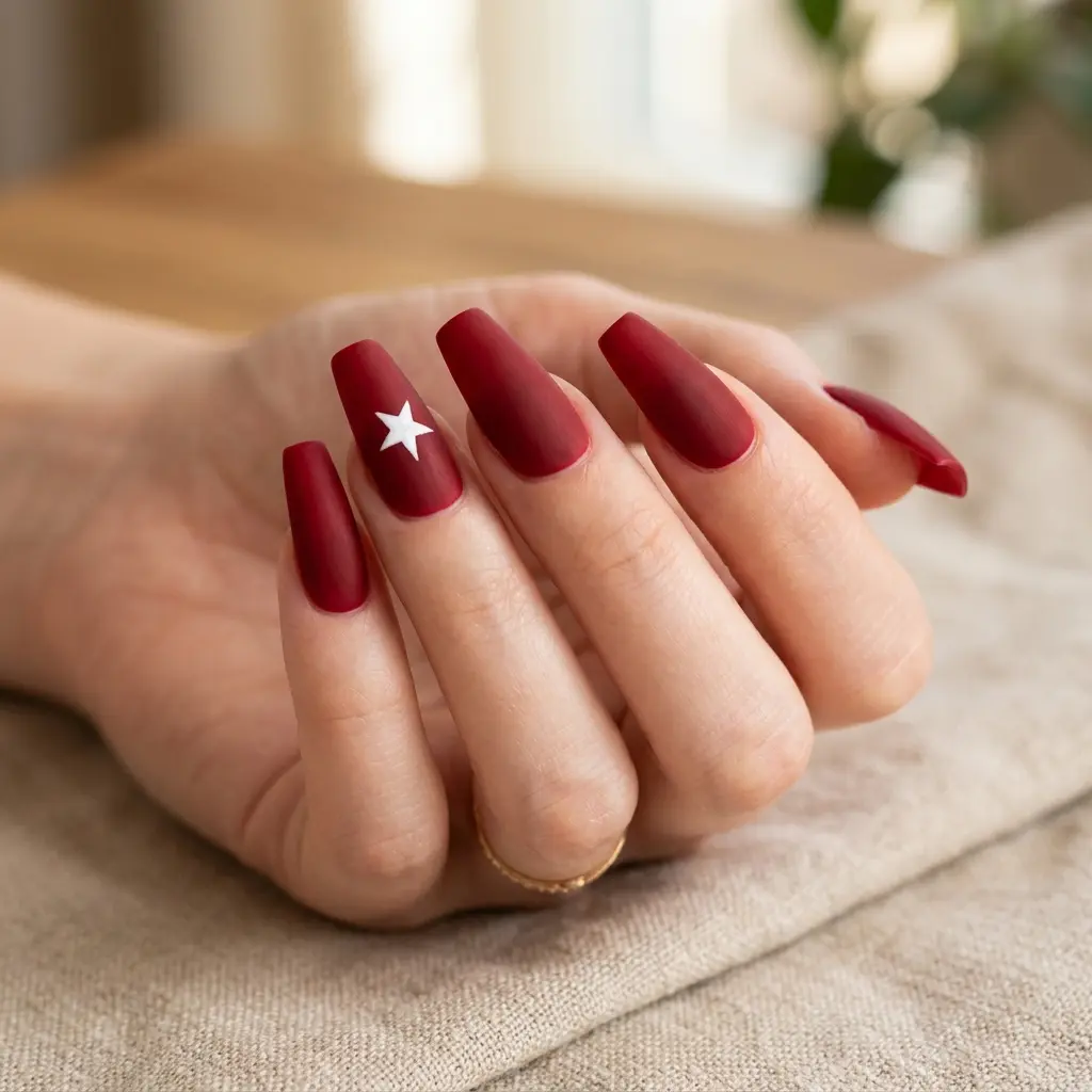 Deep Red Matte Coffin Nails with White Star Detail