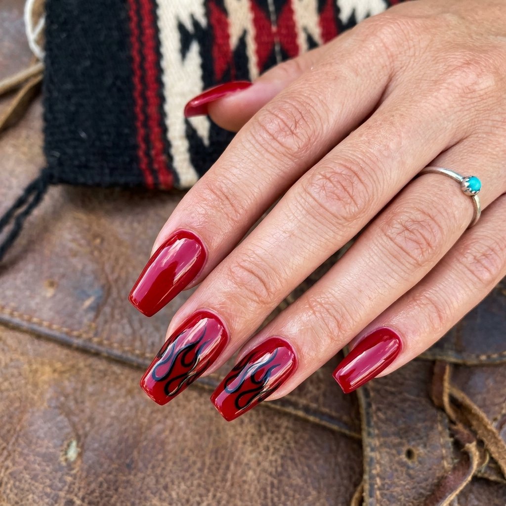 Red and Black Western Flame Nails