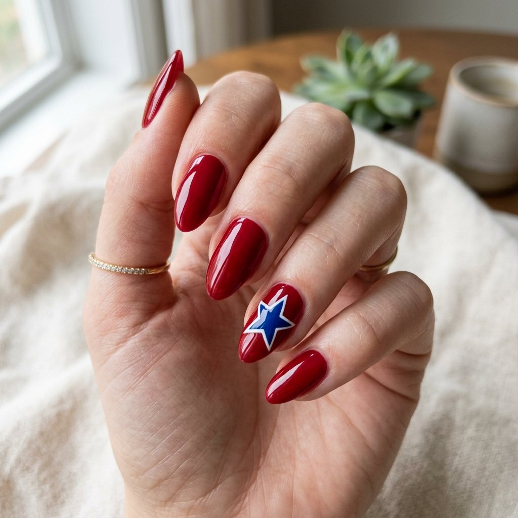 Deep Red Nails with Blue Star and White Outline