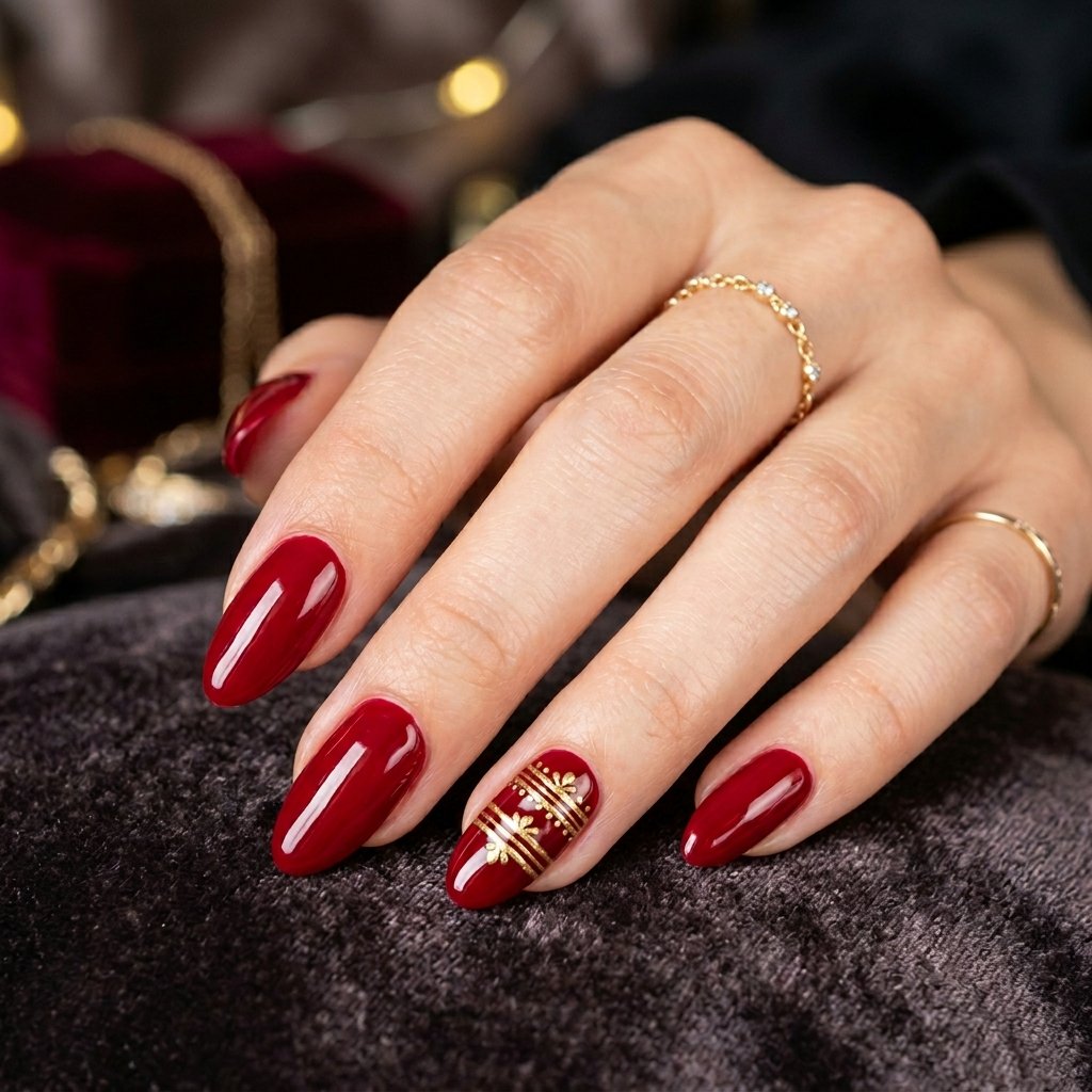 Multi-Ring Gold Detail on Deep Red Nails