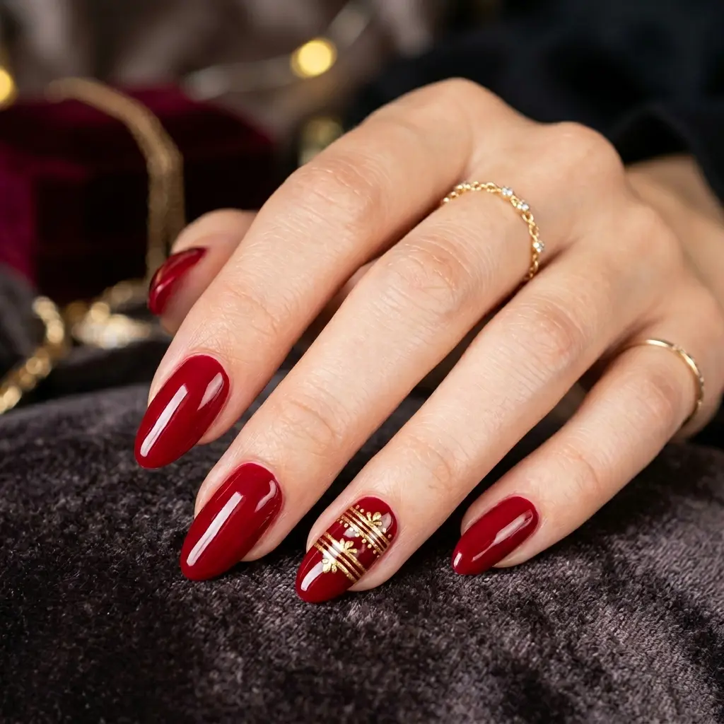 Multi-Ring Gold Detail on Deep Red Nails