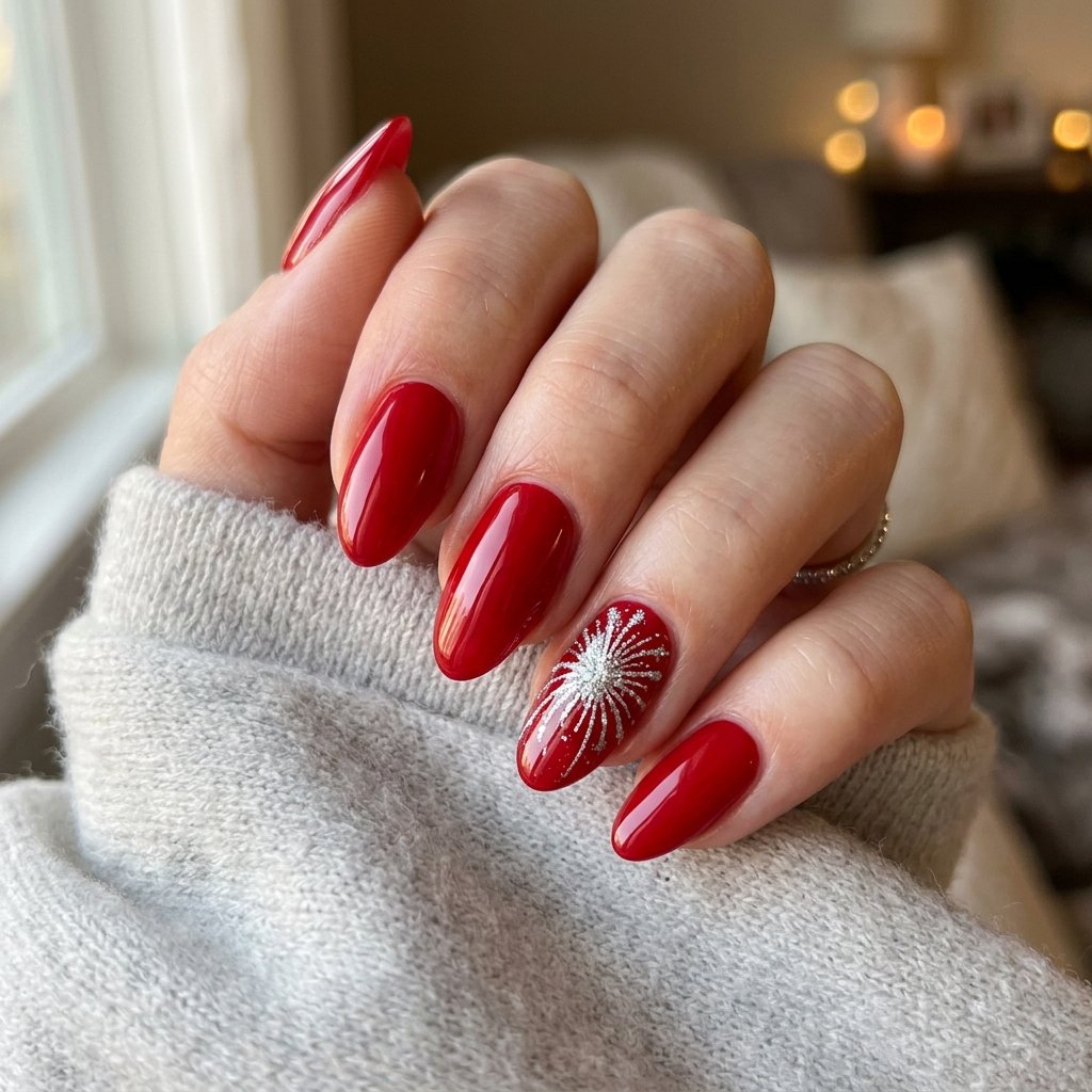 Vivid Red Nails with Silver Firework Burst Detail