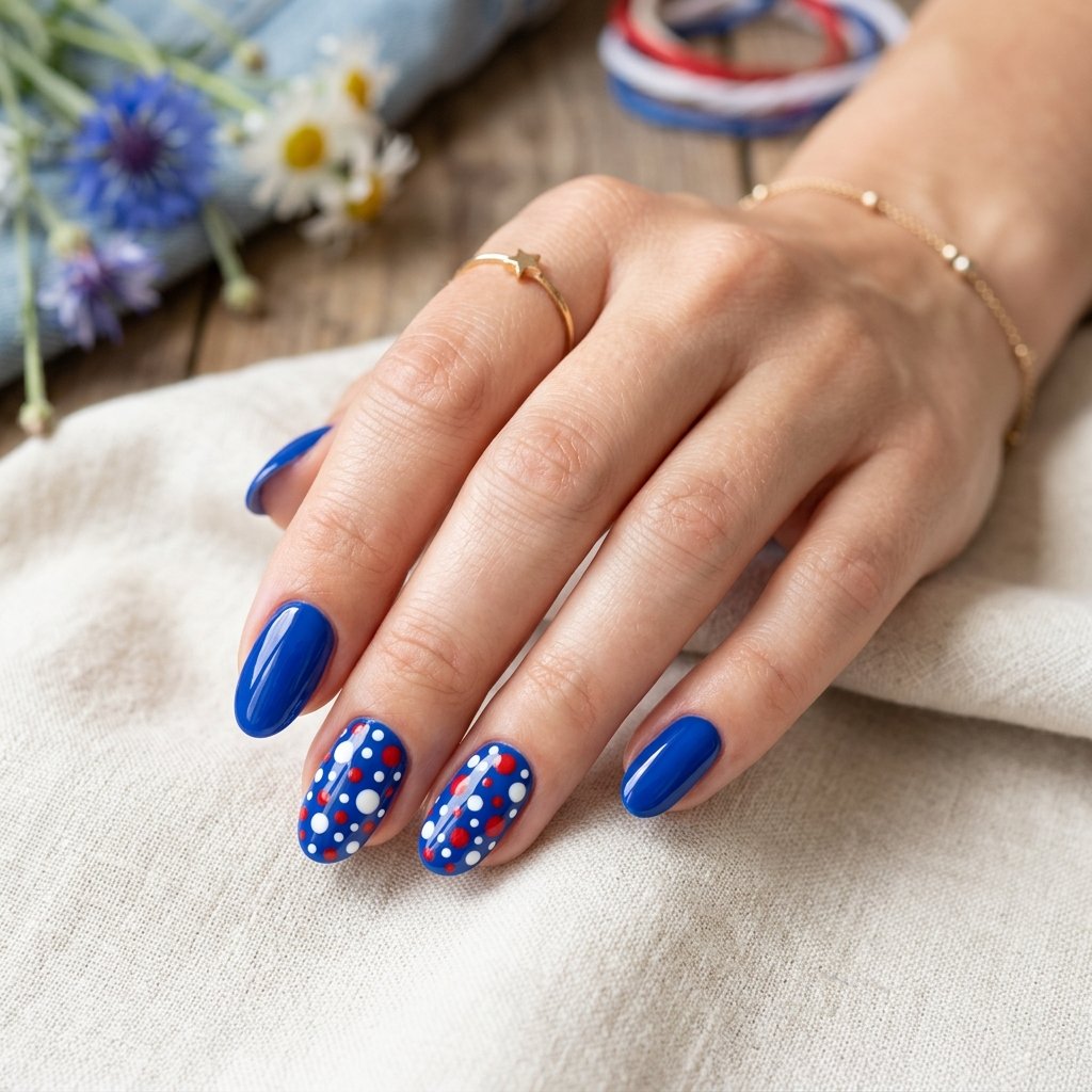 Red and White Polka Dot Nails on Blue Base