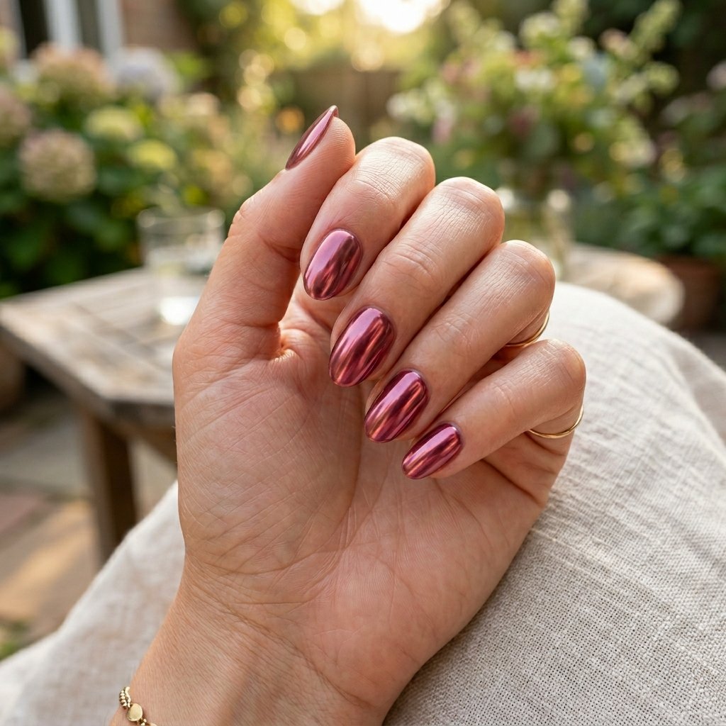 Deep Rose Chrome Short Almond Nails