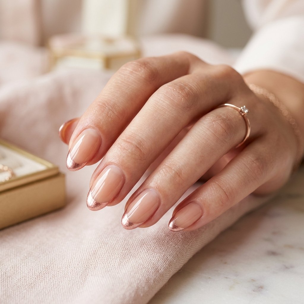 Rose Gold French Tips on Short Almond Nails