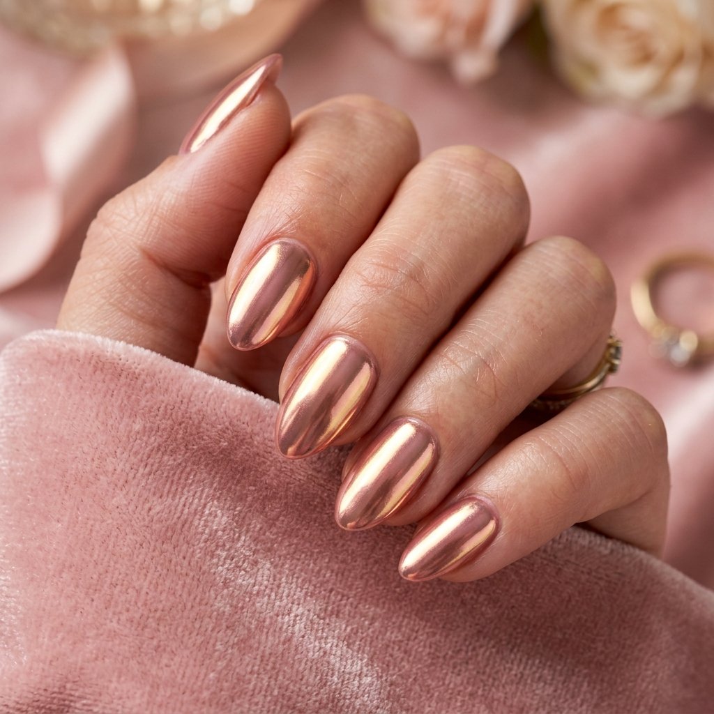 Rose Gold Chrome Short Almond Nails