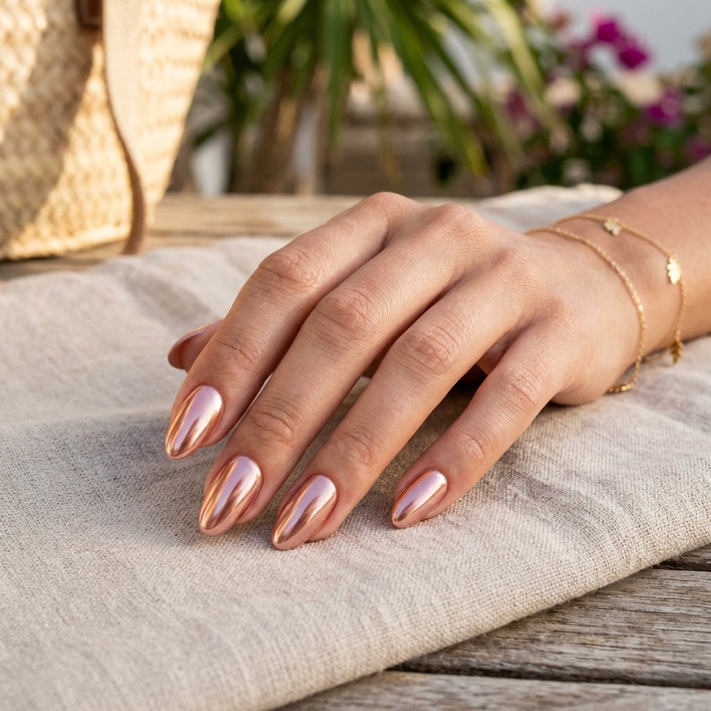 Rose Gold Chrome Short Almond Nails