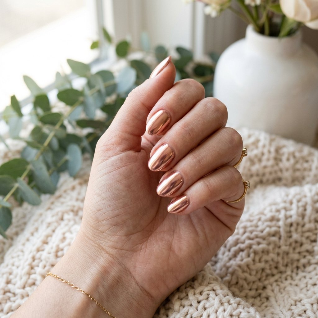 Rose Gold Chrome Short Oval Nails
