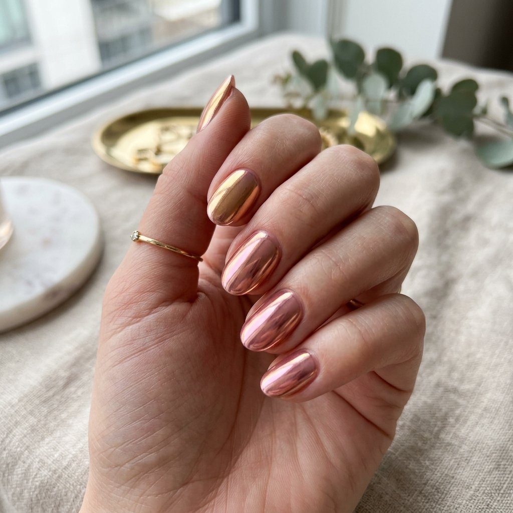 Rose Gold Chrome Short Oval Nails