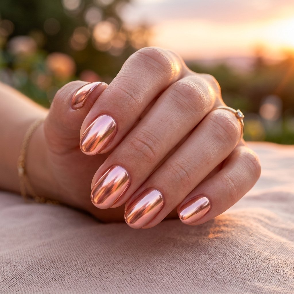 Rose Gold Chrome Short Oval Nails