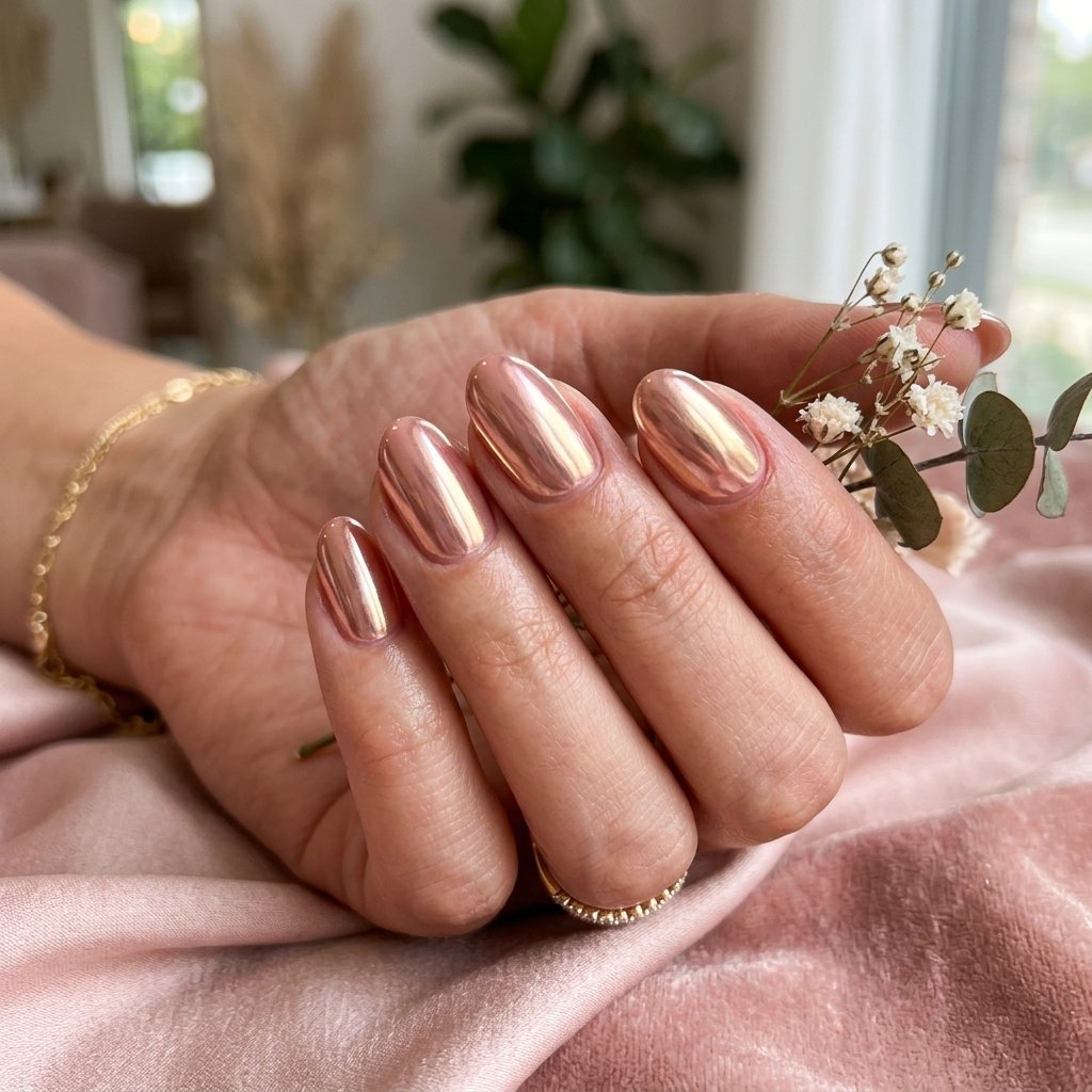 Rose Gold Chrome Short Acrylic Oval Nails