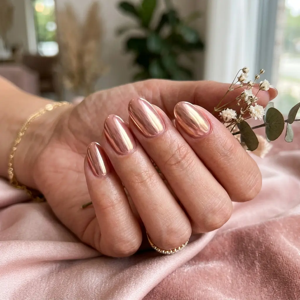 17 Short Nails Acrylic Ideas That Look Cute, Durable, and Stylish Upgrade Your Nail Game Today 12 Rose Gold Chrome Short Acrylic Oval Nails