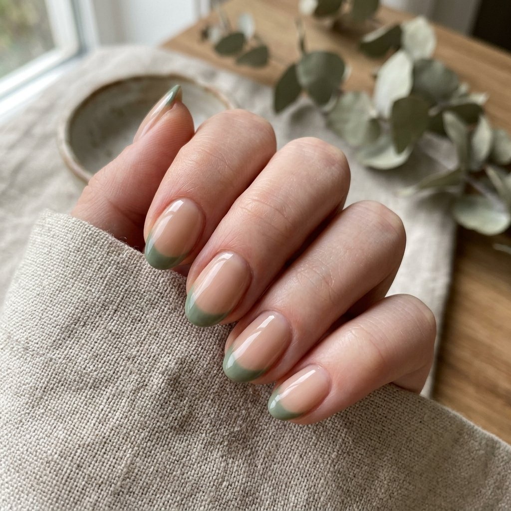 Sage Green French Tips on Short Oval Nails