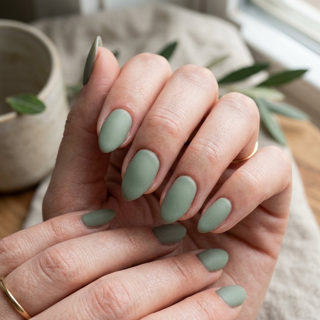 Sage Green Matte Short Almond Nails