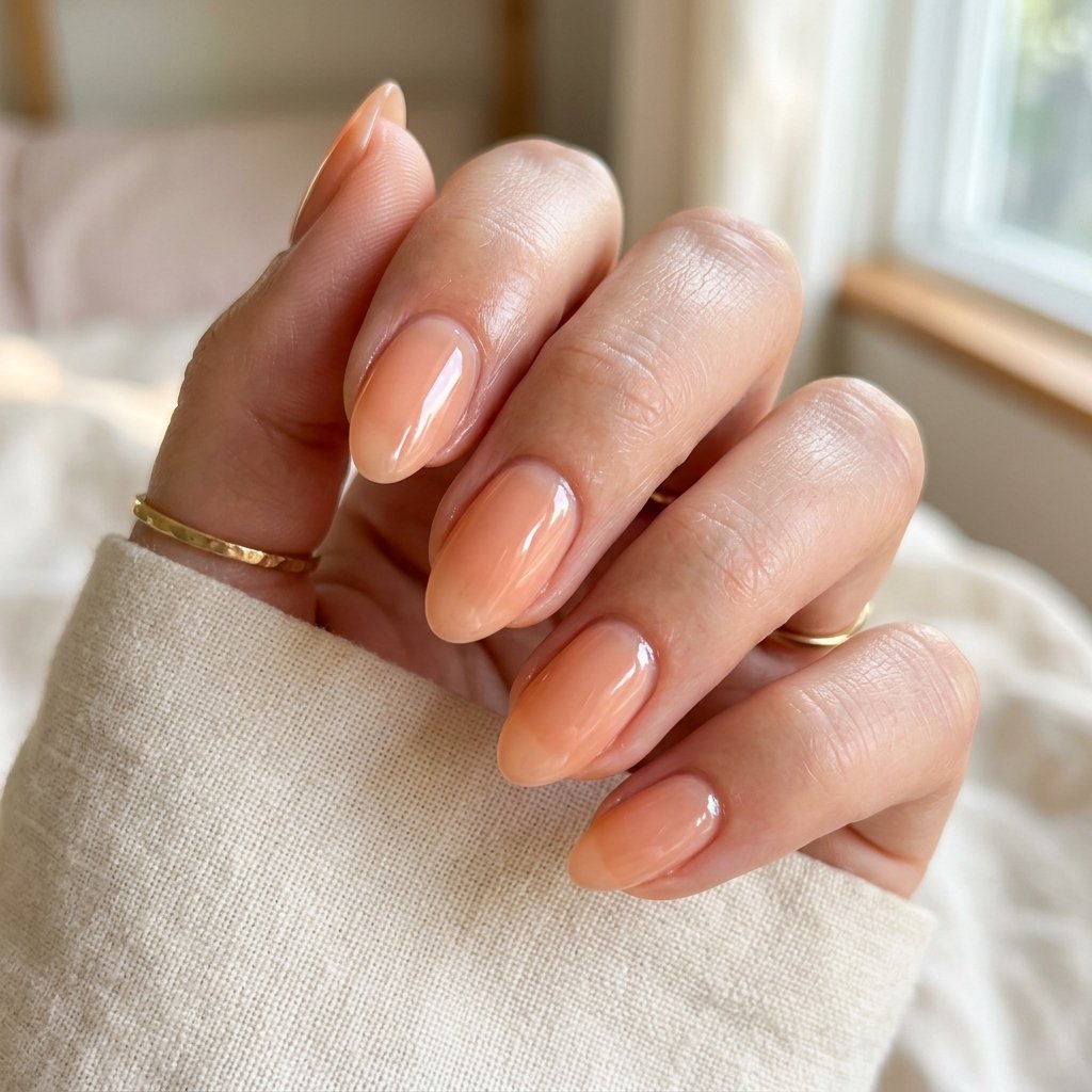 Sheer Glazed Peach Short Almond Nails