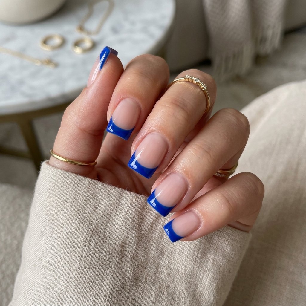 Deep Cobalt Blue French Tips on Short Acrylic Square Nails