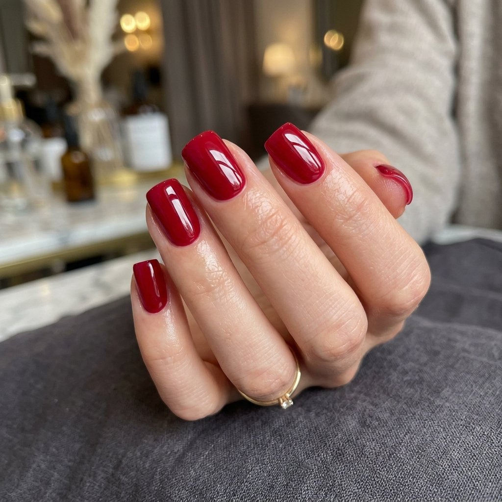 Deep Cherry Red Glossy Short Acrylic Square Nails
