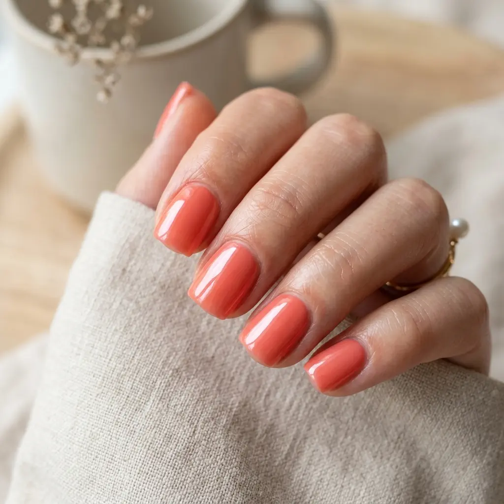 17 Short Nails Acrylic Ideas That Look Cute, Durable, and Stylish Upgrade Your Nail Game Today 8 Glazed Coral Short Acrylic Square Nails