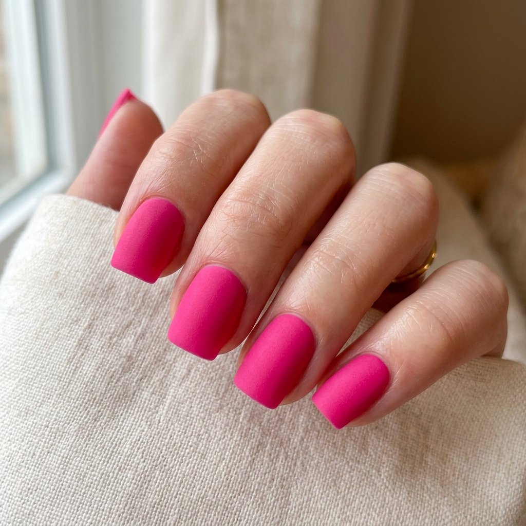 Hot Pink Matte Short Acrylic Square Nails