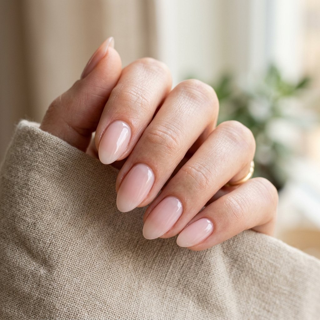Sheer Pink Glazed Short Almond Nails
