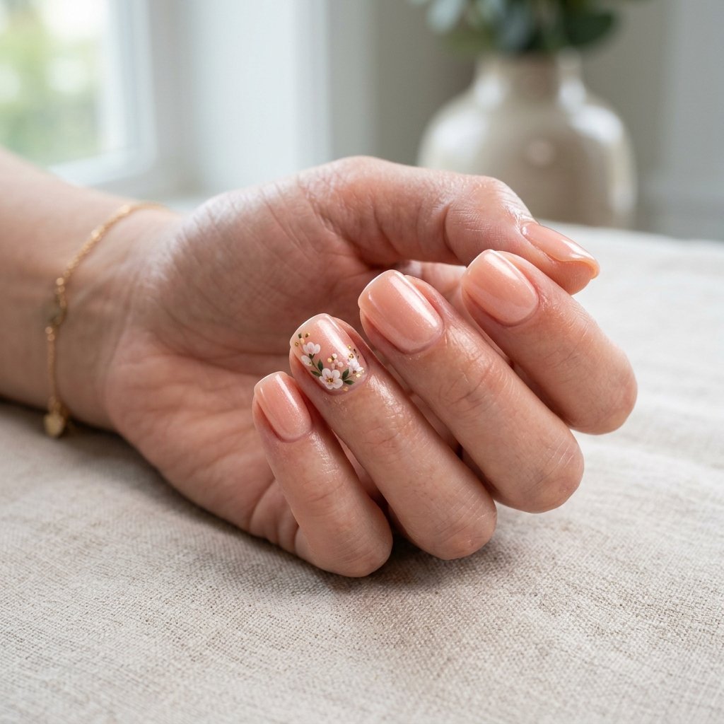 Glazed Nails with a Single Floral Accent