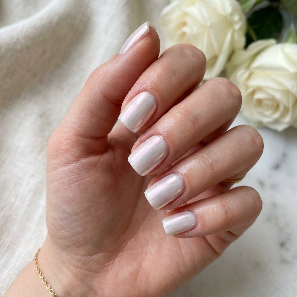 Iridescent White Glazed Short Square Nails