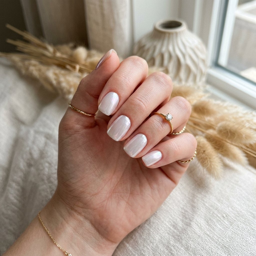 Iridescent White Glazed Short Nails