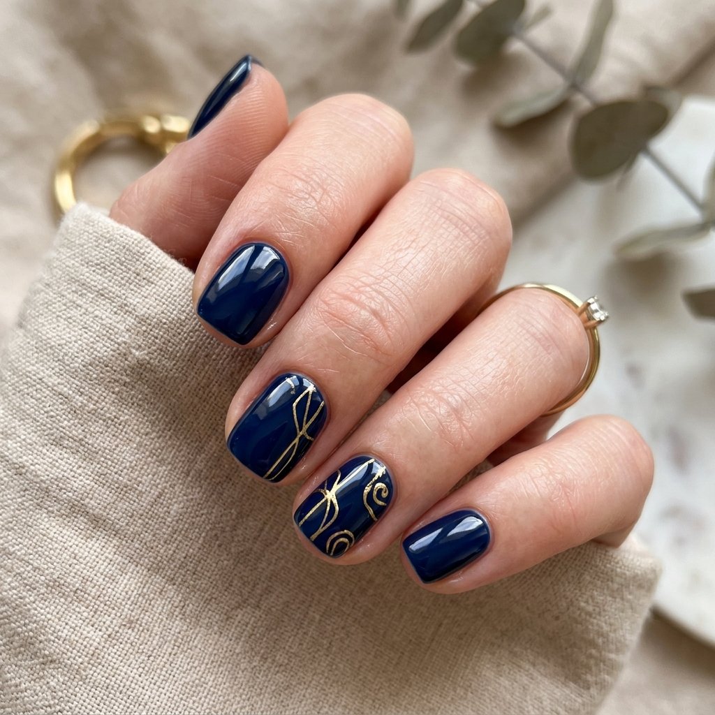 Thin Gold Lines on Deep Navy Short Nails