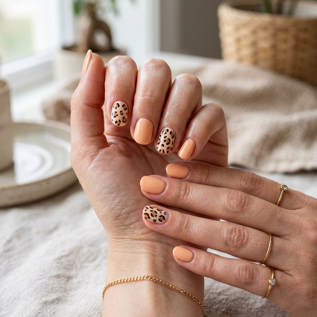 Leopard Print Accent Nails on a Solid Base