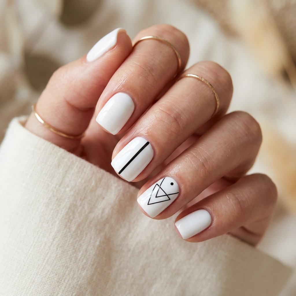 White Nails with Black Geometric Lines