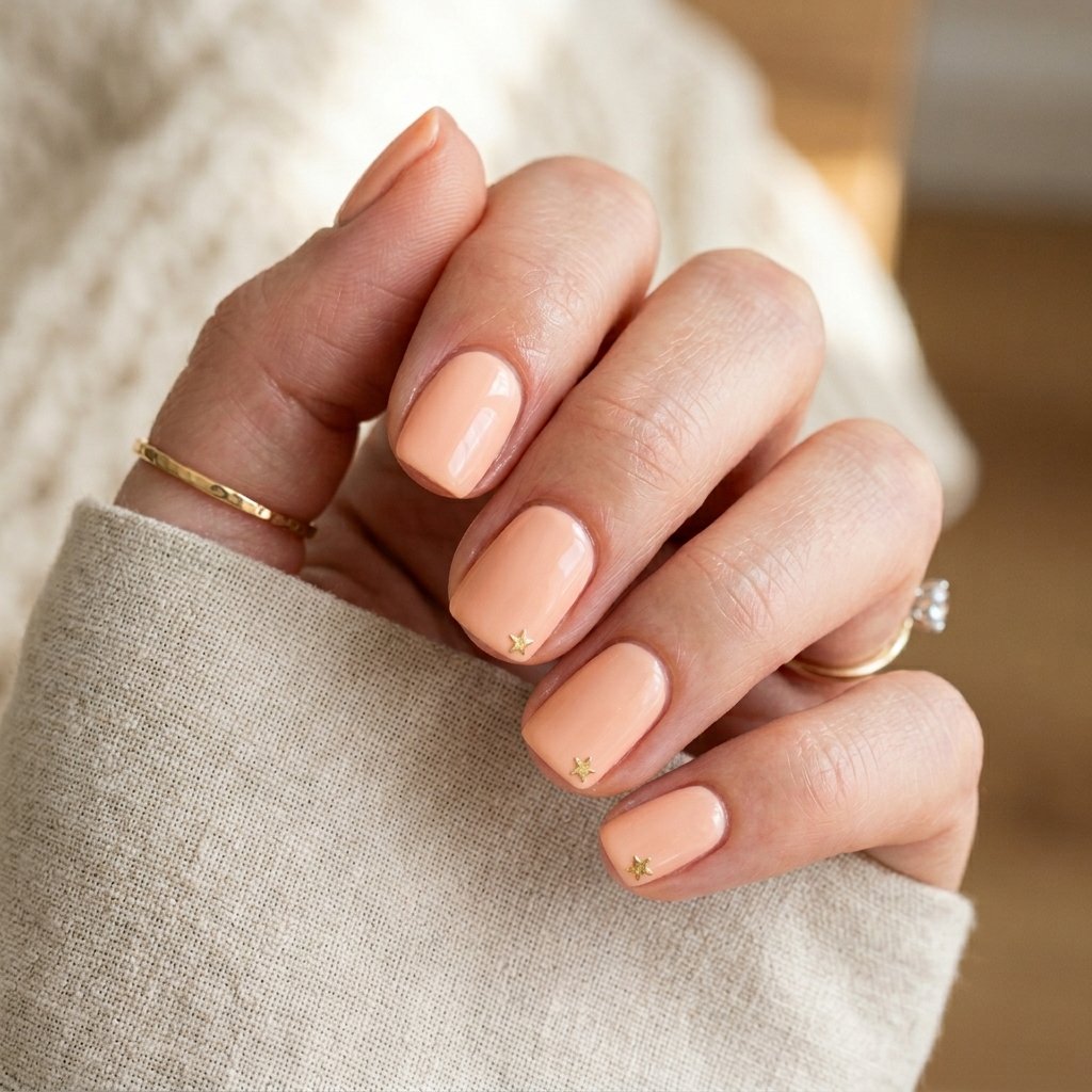 Peach Short Nails with a Tiny Star