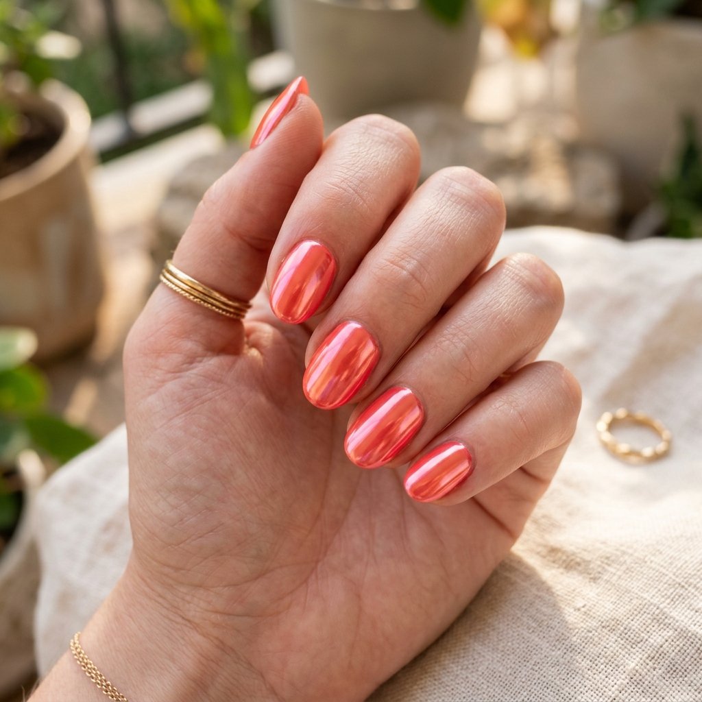 Hot Coral Chrome Short Oval Nails
