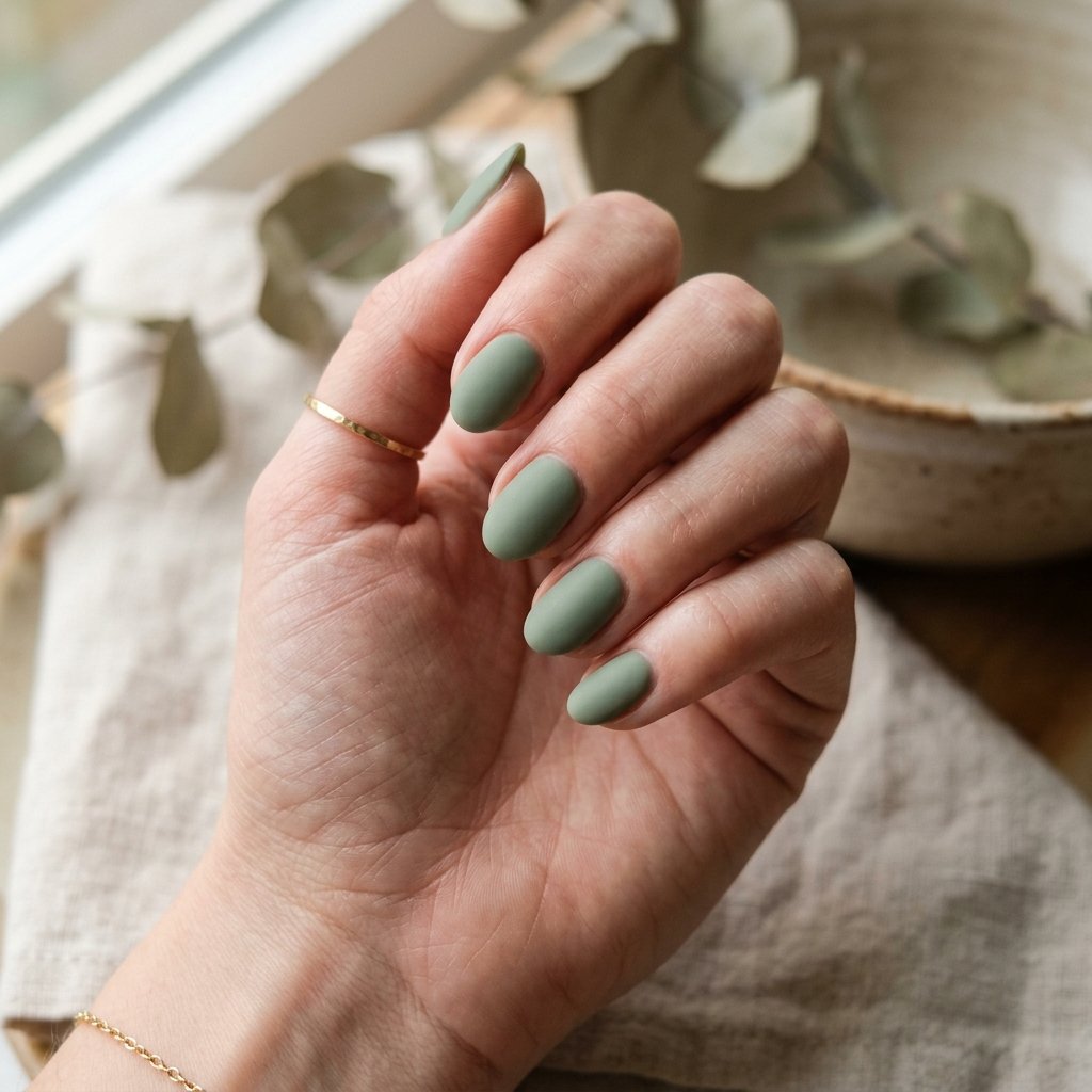 Sage Green Matte Short Oval Nails