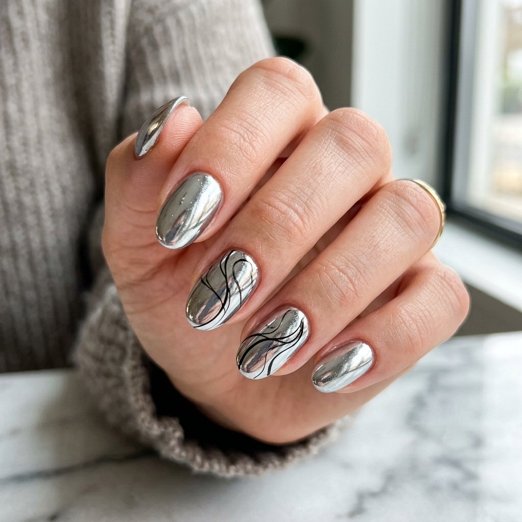 Silver Chrome with Black Abstract Line Detail