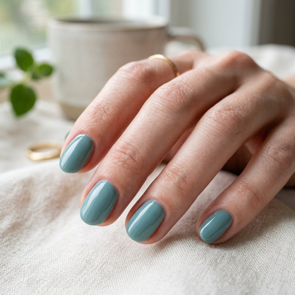 Soft Teal Short Oval Nails
