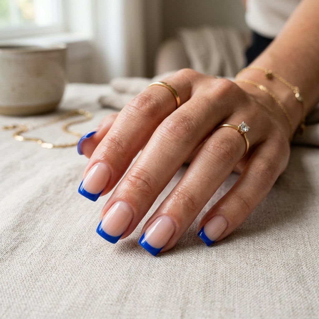 Cobalt Blue French Tips on Short Square Nails