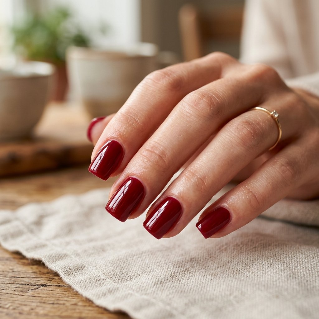 Deep Cherry Red Glossy Short Square Nails