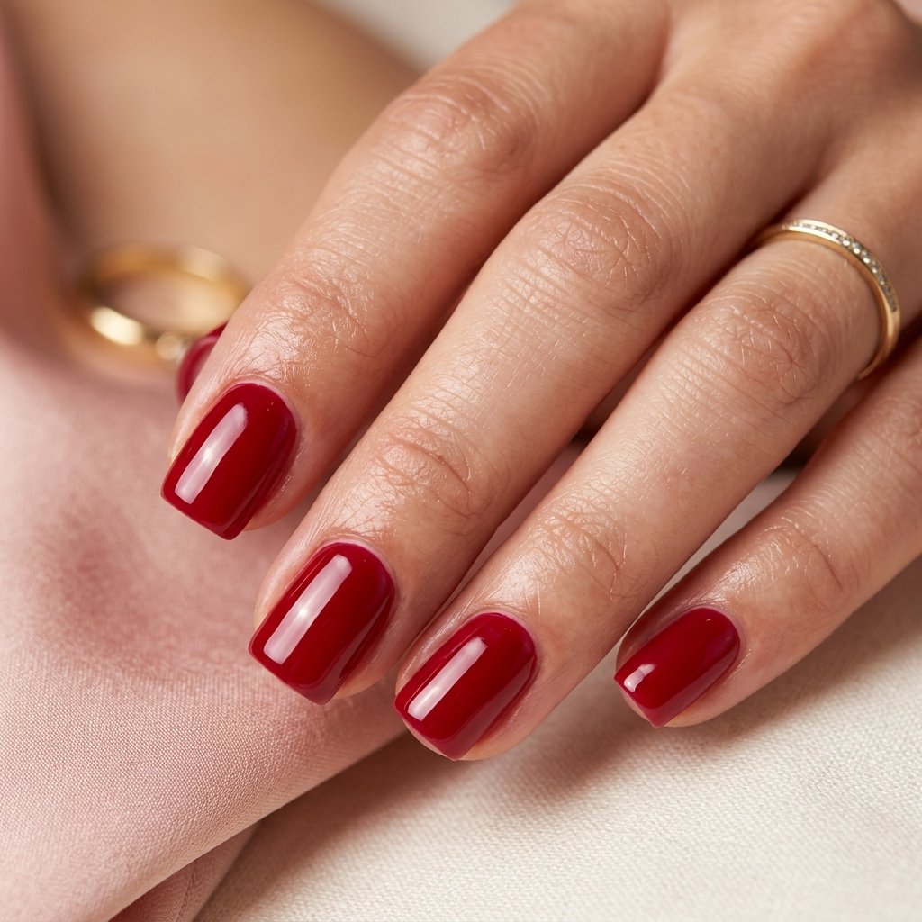 Deep Cherry Red Glossy Short Square Nails